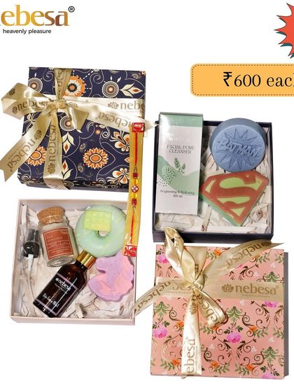 I offer a wide range of Rakhi hampers to suit different tastes and budgets. This image shows a few different combinations, including a men's grooming set with Superman-themed soap and a more feminine set with floral scents.