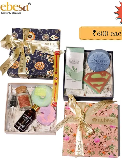 I offer a wide range of Rakhi hampers to suit different tastes and budgets. This image shows a few different combinations, including a men's grooming set with Superman-themed soap and a more feminine set with floral scents.