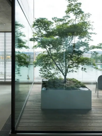 A private terrace garden extends from an office at the Virchow 16 building in Basel. These spaces dissolve the boundary between inside and out, offering employees a personal connection to nature with views of the surrounding river.