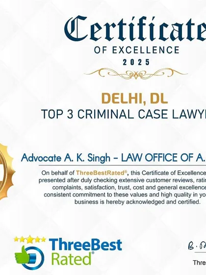I am honored to be recognized as one of Delhi's top criminal case lawyers. This acknowledgment reflects my consistent commitment to achieving favorable outcomes for my clients through rigorous defense strategies.