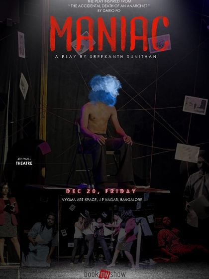 The poster for "MANIAC," a darkly absurdist comedy inspired by Dario Fo's work, perfect for our black-box setting.