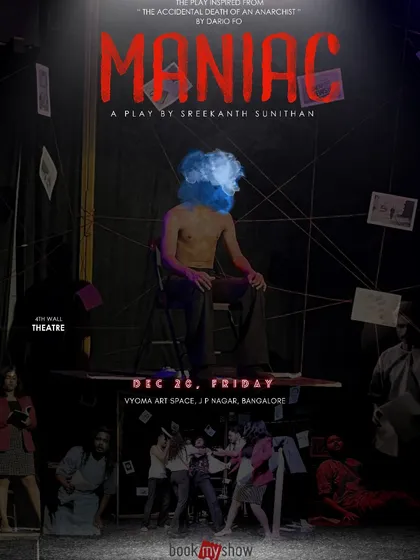 The poster for "MANIAC," a darkly absurdist comedy inspired by Dario Fo's "Accidental Death of an Anarchist."
