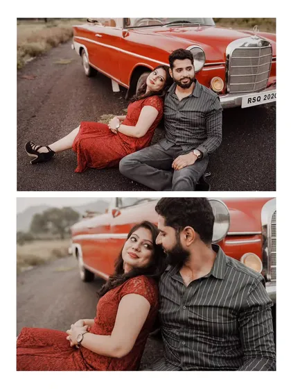 A collage of romantic moments from a vintage car themed shoot. It highlights the blend of playful fun and intimate connection that we captured during their Rajasthan pre-wedding session.