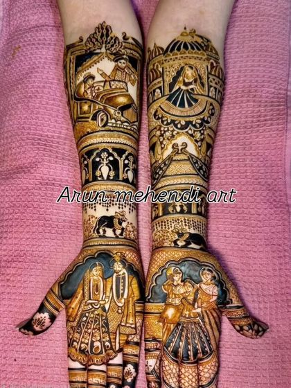 A design rich with symbolism, featuring a doli scene, a cow with its calf, and multiple couple portraits.