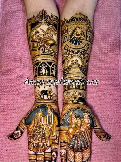 A design rich with symbolism, featuring a doli scene, a cow with its calf, and multiple couple portraits.