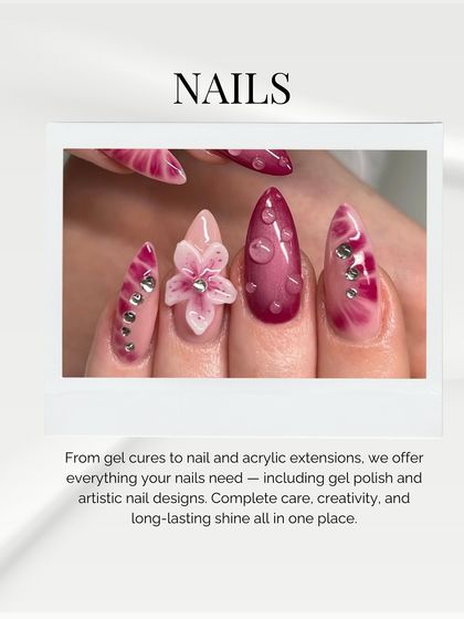 We offer everything your nails need, from gel cures and acrylic extensions to artistic designs like this 3D floral and water droplet effect.