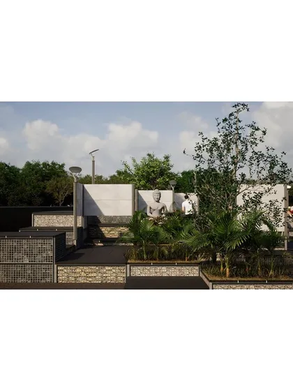 A detailed render showing the material palette for the temple landscape project. We proposed using gabion walls, stone, and metal panels to create a modern yet respectful contrast to the ancient temple structure.