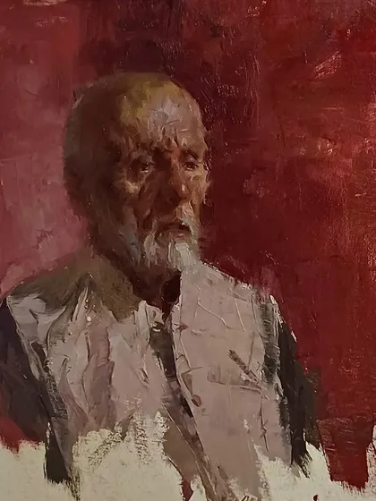 The completed portrait from the demonstration at Abhinav Kala Mahavidyalaya. This piece, done with expressive brushwork against a rich red background, shows the final result of the live session.