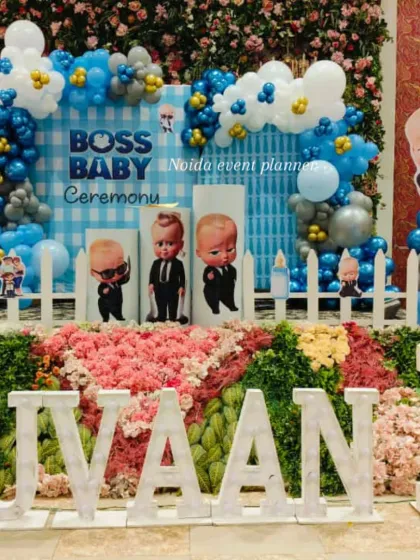 Our Boss Baby theme is a hit for first birthdays, featuring character cutouts, a themed backdrop, and large marquee letters for the name and age.