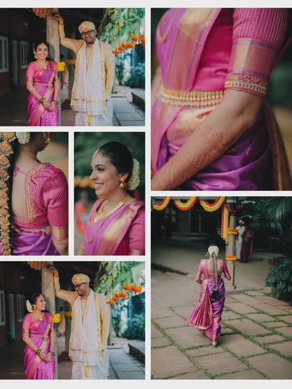 A collection of details from Namrata's bridal look, from her elegant purple silk saree and temple jewelry to the intricate braid. These shots celebrate the artistry of a South Indian bride.
