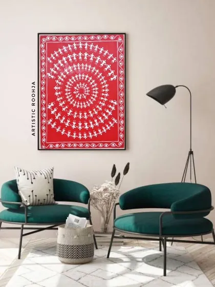 I love showing how traditional art can fit into modern homes. This is a mockup of a Warli painting, a piece similar to what you can learn to create and even sell. My courses include guidance on turning your art into a business.