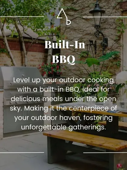 Highlighting the built-in BBQ as a centerpiece for an outdoor haven, perfect for cooking and creating unforgettable gatherings.
