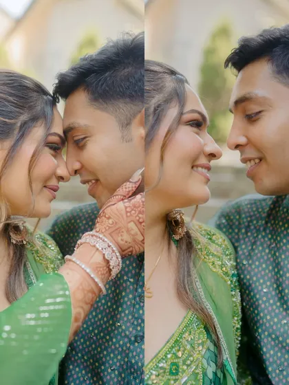 An intimate diptych of the couple sharing a close moment. These shots focus on their emotional connection and the subtle expressions of love.