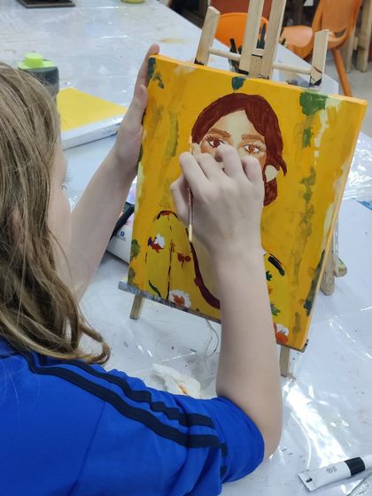 Follow along as a young student works diligently on her portrait painting, from the first outline to the final expressive details.