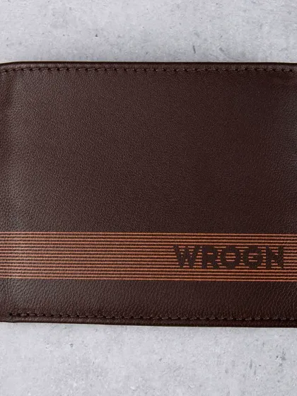 A front-facing shot of the brown striped 'WROGN' wallet.