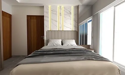 The full view of the master bedroom from our Ghatkopar project. The design is clean and bright, with large windows and a combination of ambient and task lighting.