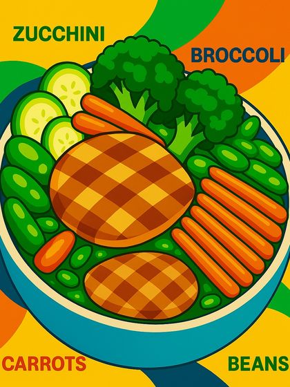 A vibrant illustration of a healthy bowl, showing the fresh ingredients like zucchini, broccoli, carrots, and beans that go into my meals.