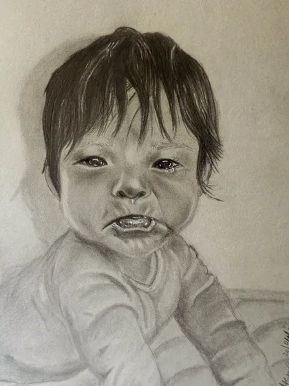 A graphite pencil sketch capturing the raw emotion of a crying baby. Portraiture is about capturing a moment and the feeling within it, and I explore this in my pencil portrait series.