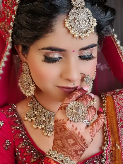 A perfect example of a 'Glass Finish Look' on my bride. Her skin is glowing, and the silver glitter on her eyes adds a touch of magic.