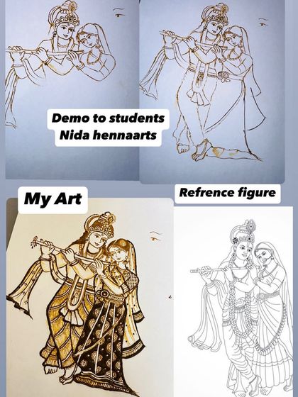 I teach my students to create their own figures by referencing paintings, not just copying other artists. Here you can see how we translate a Radha-Krishna painting into a beautiful henna design.