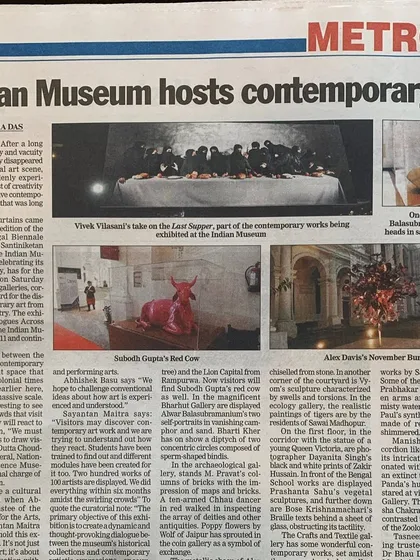 A newspaper clipping from The Telegraph, Kolkata, featuring Vivek Vilasini's 'Last Supper' at an exhibition in the Indian Museum.