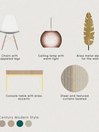To help clients achieve a Mid-Century Modern look, I created this guide with five essential items. It includes key elements like chairs with tapered legs, a console table with brass accents, and warm, diffused lighting.