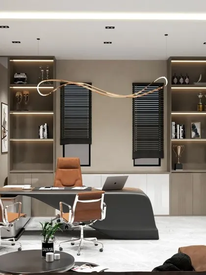 A full view of the executive cabin concept, showcasing the smart TV integration and trophy display shelves. This space is designed not just for work, but also to reflect the success and personality of its occupant.