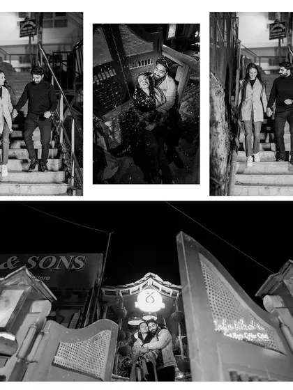 A black and white collage from a pre-wedding shoot in a city at night. The images capture the couple on a staircase and looking out from a balcony, creating a moody, urban vibe.