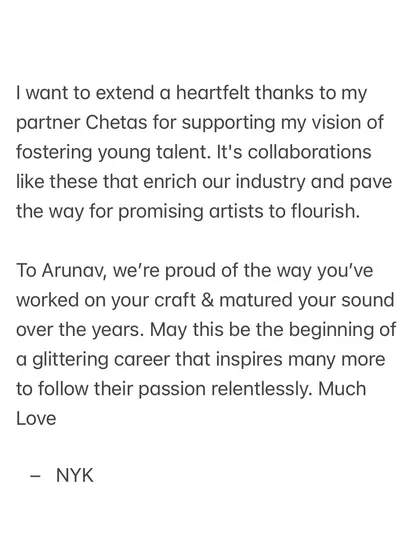 Fostering young talent is a core part of my vision. This is my heartfelt thanks to my partner DJ Chetas for supporting this vision and a note of encouragement for our student Arunav on his bright future.