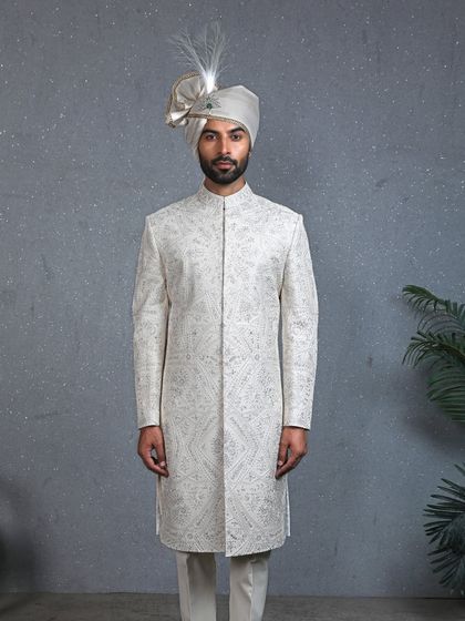A full frontal view of the Ace ivory sherwani, a masterpiece of heritage design and modern tailoring.