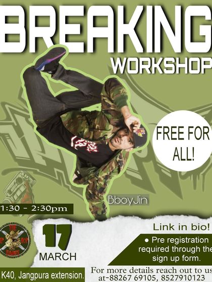 An announcement for a free breaking workshop with Bboy Jin. This is a great chance for all hip hop lovers to train with the best.