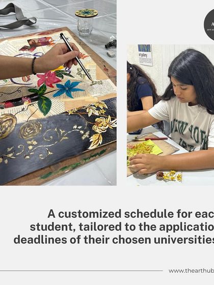 This collage shows students engaged in detailed portfolio work. Each student follows a customized schedule tailored to the application deadlines of their chosen universities.