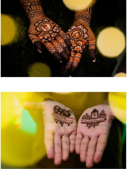 A close-up of the bride's intricate mehendi, which includes personalized details like portraits and names. This is a beautiful way to make the henna art unique.