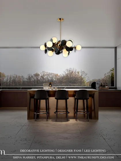 This cluster pendant with black and white globes turns a simple kitchen into a masterpiece of modern elegance. The contrasting colors create a bold, graphic statement.
