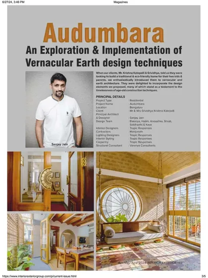 The cover page of the Interior Exterior Magazine feature on my Audumbara project, titled "An Exploration & Implementation of Vernacular Earth design techniques."