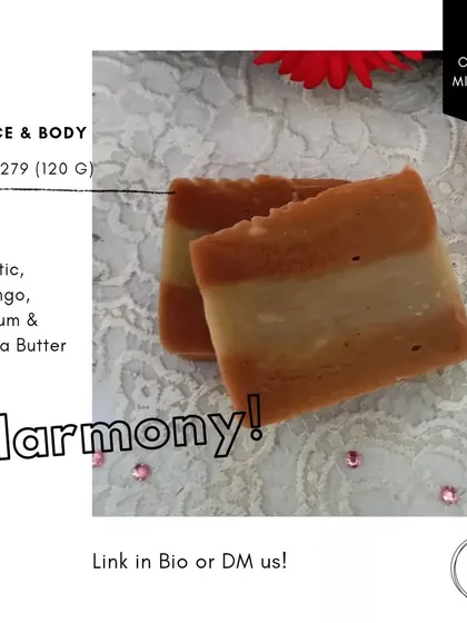 Announcing the Harmony soap, a luxurious bar made with exotic butters and a unique essential oil blend.