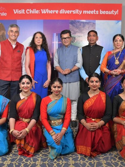 A formal photograph with dignitaries and my dancers at the Embassy of Chile event. These collaborations are a wonderful way to represent Indian culture on a global stage.