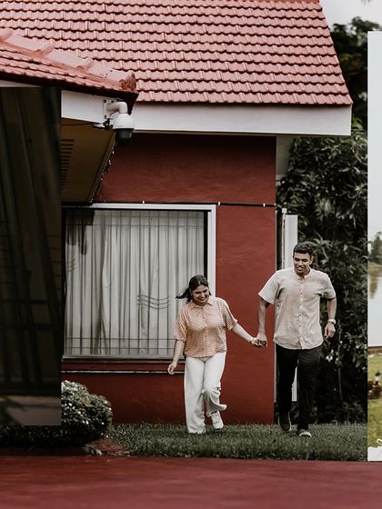 A collage showing a couple running joyfully in the garden of a charming red-roofed house.