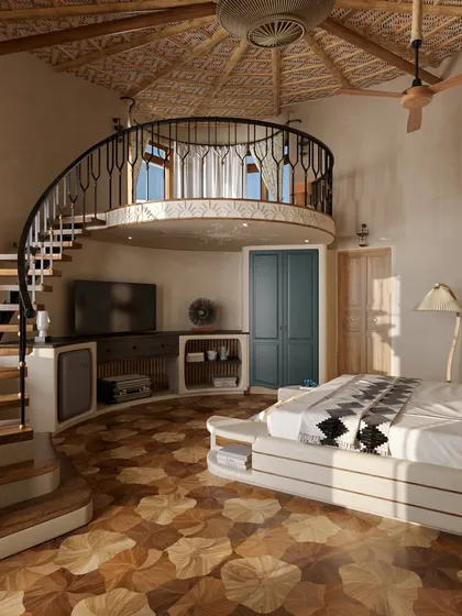 This duplex suite features a mezzanine level, creating a spacious and dynamic interior. The curved entertainment unit follows the room's architecture, while the patterned wooden floor and woven ceiling add layers of texture and warmth.
