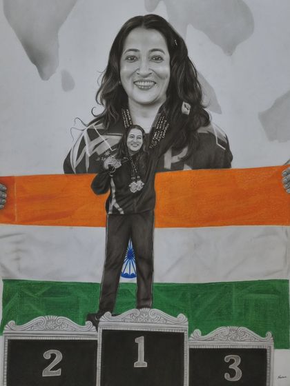 The finished composite portrait, celebrating her achievements on the winner's podium. This was a complex piece that blended graphite, charcoal, and colored pencil.