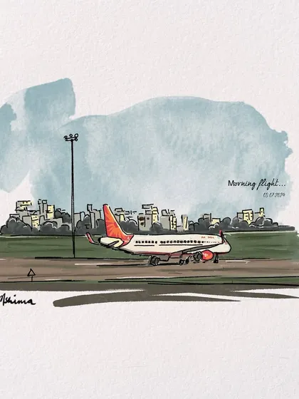 The feeling of adventure starting with a morning flight. This simple, evocative sketch is an example of how I capture the moments in between, the journey as well as the destination, in my travel art.
