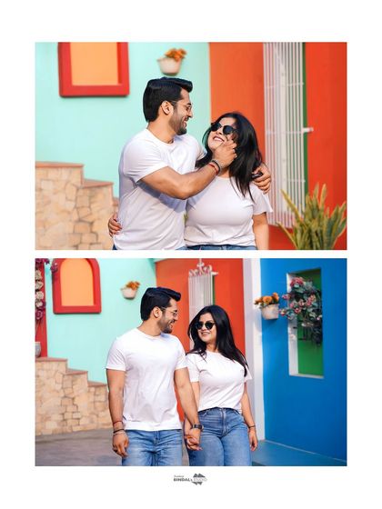 A collage of playful moments in matching white tees and jeans. This shows how even the simplest outfits can create fun and memorable pre-wedding photos.