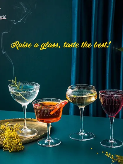 Raise a glass, taste the best. A lineup of elegant, vintage-style coupes filled with colorful liquids and smoky aromas, showcasing the artistry and quality of our drinks.