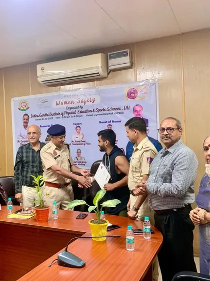 Honored to be recognized for my contributions at a Women's Safety event organized by the Indira Gandhi Institute of Physical Education & Sports Sciences, alongside esteemed members of the Delhi Police and university faculty.