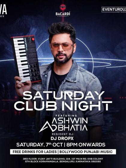 A raging Saturday Club Night at Drava Lounge. This poster highlights the Bollywood and Punjabi music, with free drinks for ladies.