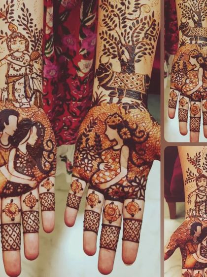 A collage showcasing the detailed artwork in a celebrity baby shower mehendi. The design includes portraits of the couple, the expectant mother, and a figure of baby Krishna.