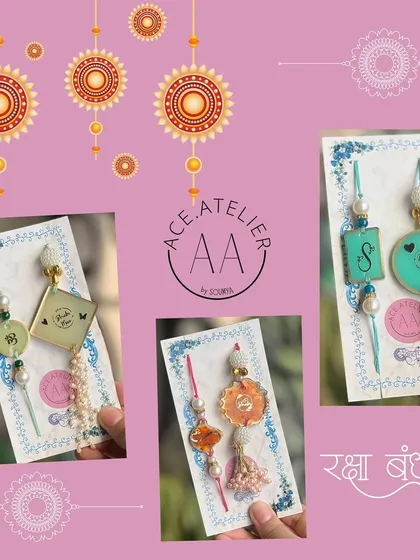 Personalized Rakhi and Lumba sets featuring initials and unique charms. These are perfect for celebrating the special bond with both your bhaiya and bhabhi.