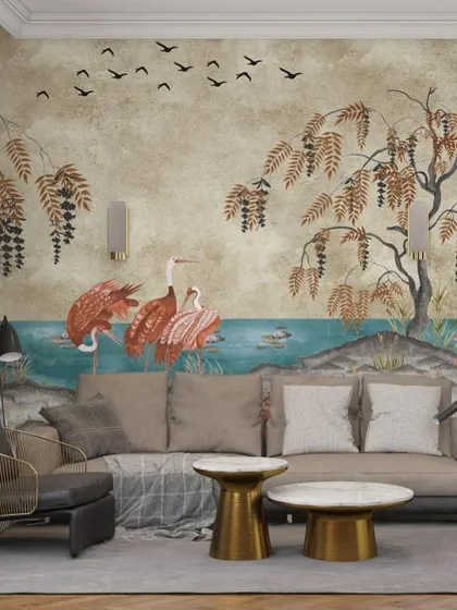 A serene waterside scene from the Prakriti collection, featuring elegant cranes and autumn foliage. The earthy tones and artistic style create a calm, rejuvenating atmosphere in this contemporary living room.