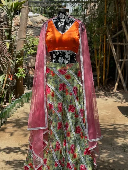 Another angle of the floral lehenga, showcasing its vibrant colors.