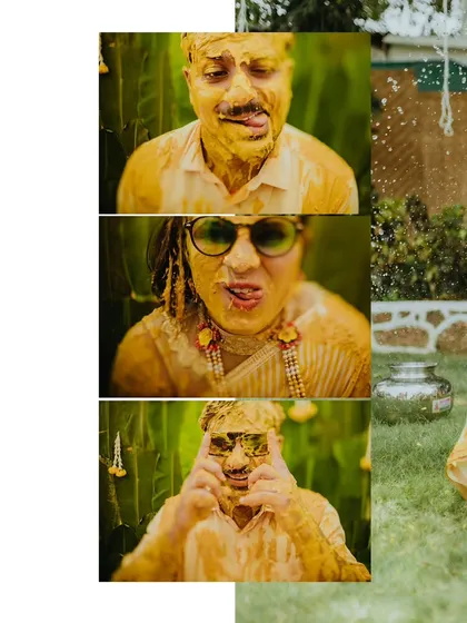 A fun collage of the bride and groom making funny faces after being covered in turmeric paste.